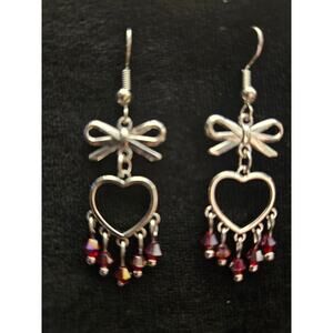 Antique silver bow and heart with red glass crystal chandelier earrings